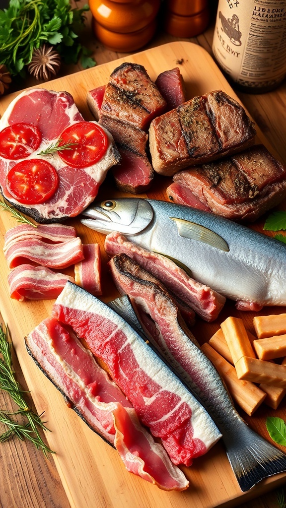 Carnivore Diet Basics A variety of meats including steaks, bacon, and fish on a cutting board in a rustic kitchen.